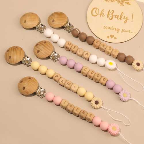 Custom Daisy Baby Pacifier Clip, Newborn Soother Chain, Personalized Wooden Pacifier Clip, Handmade Name Party Baptism Holder, Shower Gift
