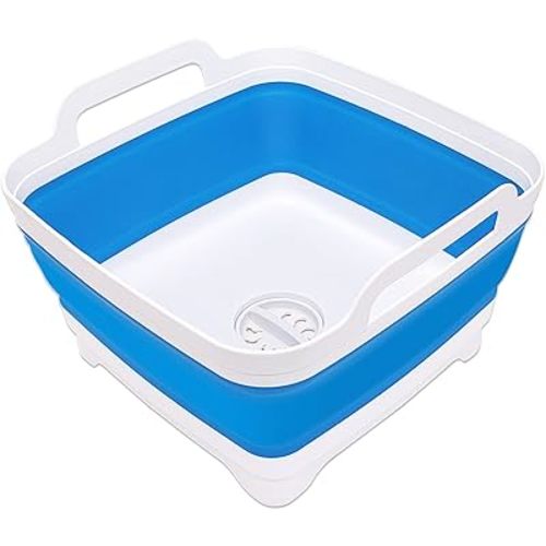 2.4 Gal(9L) Collapsible Dish Basin with Drain Plug, Space Saving Outdoor Multiuse Foldable Sink Tub, Dishpan, Kitchen Storage Tray for Camping, Vegetable Washing, RV (Sky Blue)