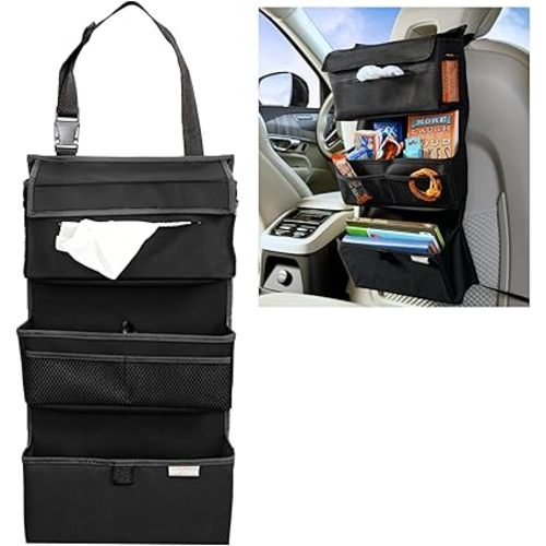 High Road Storage Organizer with Car Tissue Box Holder and Multipurpose Pockets - Back of the Seat or Front Seat Organizer for Driving Essentials - Slim and Compact Car Storage for All Vehicles