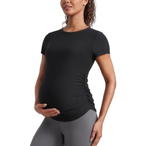 CRZ YOGA Cloudweight Maternity Shirts for Women Pregnancy Short Sleeve Side Ruched Tops Soft Workout Casual Athletic T-Shirt
