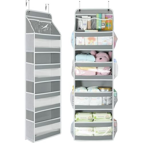 Yecaye 5 Tier 1Pc Over the Door Organizer, Swing-proof Door Organizer Hanging with Clear PVC Windows, Behind the Door Storage for Bedroom Nursery Closet Laundry Pantry Bathroom, Grey