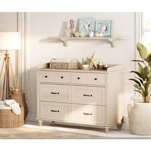 Mid Century Dresser with 6 Drawers, Wooden Kids Dresser for Kids Room Living Room, Beige