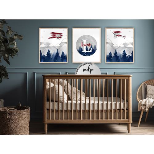 Baby Boy Nursery Airplane Wall Art Airplane Nursery Decor Printable Boy&#39;s Name Airplane Party Decoration Vintage Airplanes Mountains - AP08
