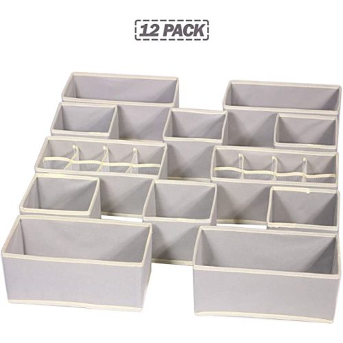 Set of 12 Foldable Drawer Organizer Dividers Cloth Storage Box Closet Dresser Organizer Cube Fabric Containers Basket Bins for Underwear Bras Socks Panties Lingeries Nursery Baby Clothes Grey NN246 - Gray
