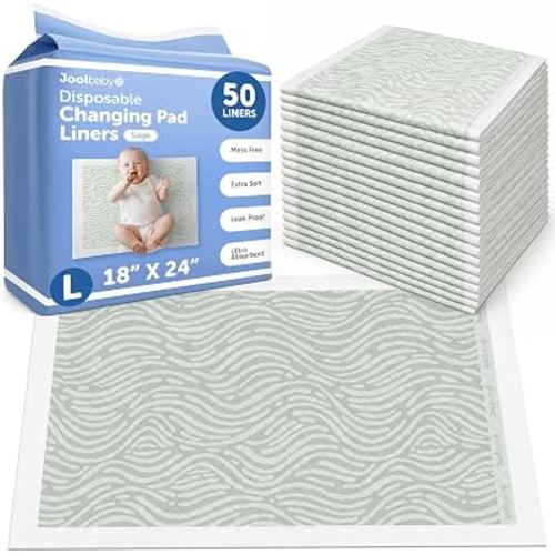 Jool Baby Disposable Changing Pad Liners, Ultra-Absorbent - 50 Count (Sage) | Waterproof Backing Protects Surfaces From Leaks – Individually Folded – Great for at Home or On the Go