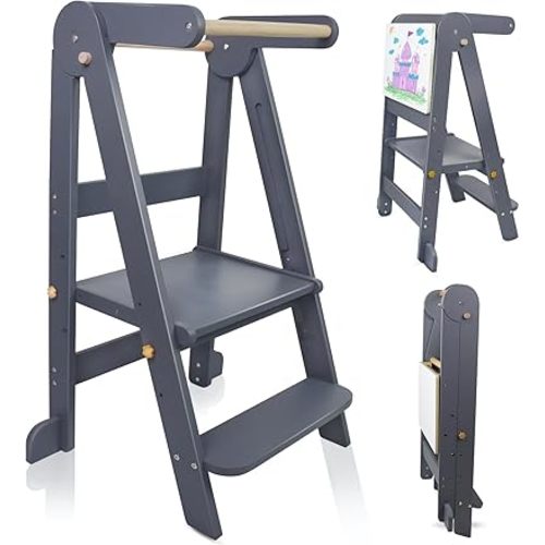 Foldable Toddler Tower Kitchen Step Stool, Standing Tower with Whiteboard, Toddler Kitchen Stool Helper with 3 Adjustable Height, Step Stool for Kids 1-6 Years, Grey
