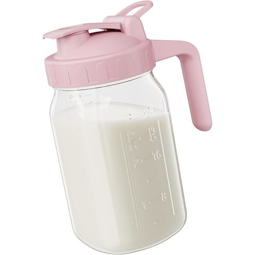 Breast Milk Pitcher Jug - 32 oz Glass Mason Jar Airtight Pitcher with Pour Spout Handle for Breastmilk, Iced Tea, Ice Drinks Storage Container(Pink)