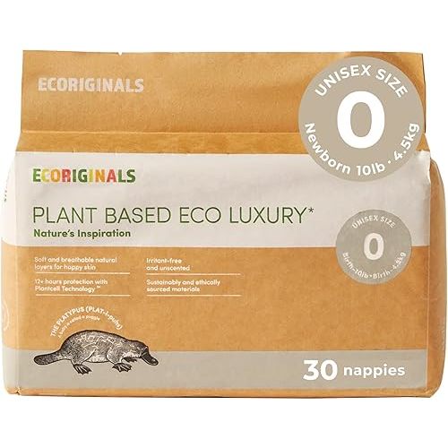 Newborn Diapers - Baby Diapers with 100% Plant-Based Layers, Disposable & Hypoallergenic Baby Essentials for Newborns - Secure Fit Size 0, 0-10 lbs, 1 Pack - 30 Count.