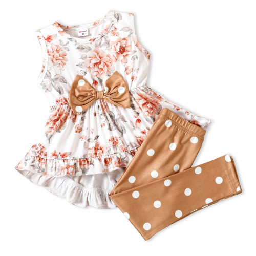 PatPat Toddler Girls Clothes Baby Girls Outfits 2 Piece Floral Bowknot Ruffled Sleeveless Tee and Dots Pants Set, White, 18M-6 Years