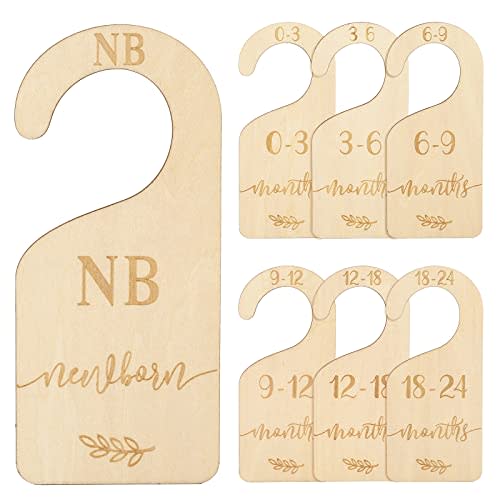 Whaline Wooden Baby Closet Size Dividers Set of 7 Wardrobe Hanger Organizer from Newborn to 24 Month Nursery Decor Dividers with Blue Velvet Bag Design for Home Nursery Infant Baby Clothes