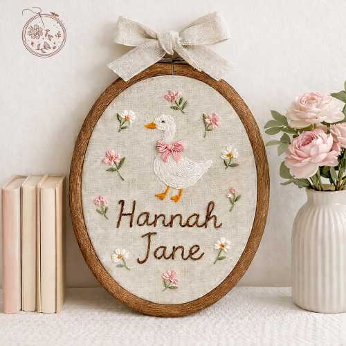 EMBROIDERED Personalized Duck Name Sign, Baby Girl Name Sign, Hospital Door Name Plate, Flower Name Sign, Duck Lover Gift, Newborn Gift