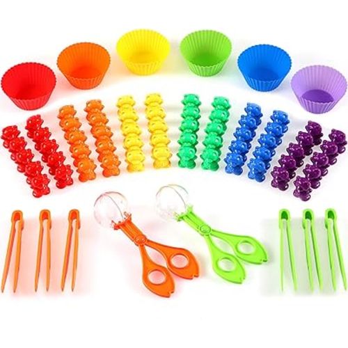 74 Pieces Counting Sorting Bears Sensory Bin Tools Fine Motor Skills Handy Scoopers Set Includes 60 Cute Rainbow Sorting Bears, 6 Jumbo Tweezers, 2 Scissors Clips and 6 Colorful Cups