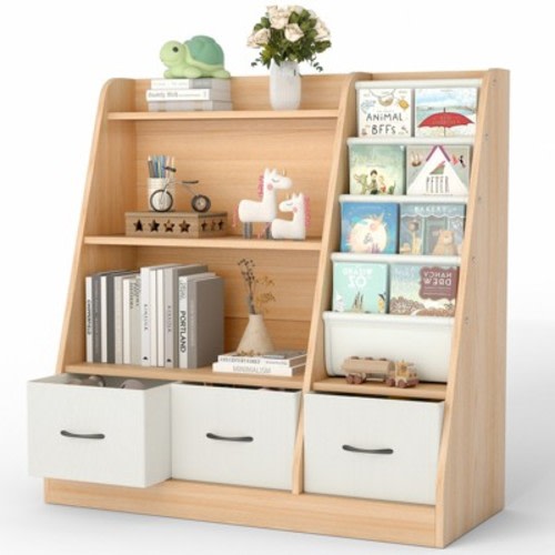 Kids Book and Toy Storage Organizer with 4 Shelves, Oak Bins