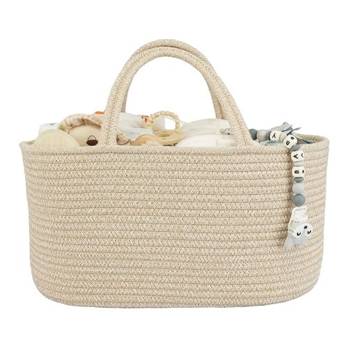 XUANGUO Large Baby Diaper Caddy Organizer for Girl Boy Rope Nursery Storage Bin Basket Portable Holder Tote Bag for Changing Table Car Travel Baby Shower Gifts Oatmeal
