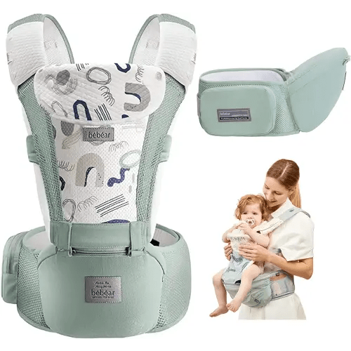 Bebamour Baby Carrier Newborn to Toddler-Baby Hip Carrier Front and Back Carry with Head Hood & 3 Pieces Teething Pads& Waist Extenders (Green)