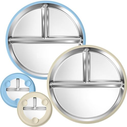 BUSOHA 2 Pack Stainless Steel Kids Plate with Suction - 9” Divided Toddler Baby Plates with Silicone Sleeves Non-Slip 2-in-1 Anti Breakage Metal Toddler Bowls Microwave Dishwasher Safe