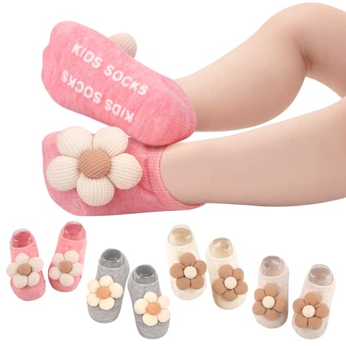 Woansju 4Packs Non-slip Baby Girl Socks With Grips For Newborn Infant Toddler Girls,Soft Flowers Design Toddler Grip Socks