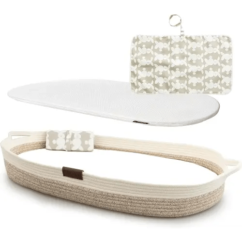 Yunioo Deluxe Baby Changing Basket with Extra Travel Diaper pad, Foldable Baby Changing Pad with Water Repellent Cover, Cotton Rope Baby Basket, Changing Table Topper for Dresser (White Beige)