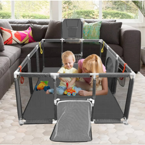 Large Playpen for Babies and Toddlers - Baby Ball Pit Sturdy Play Pen/Yard W/Basketball Hoop, Children's Fence Play Area, Indoor Outdoor Kids Activity Center, Infant Safety Gates (No Ocean Balls)