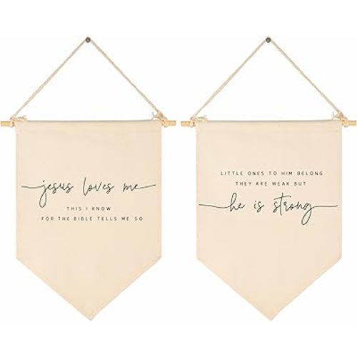 Jesus Loves Me-Scripture Flag Sign Gifts for Baby Newborn Boys Girls Kids-Christian Bible Verses,Canvas Hanging Banner Wall Gifts for Nursery Baby Room Playroom Front Door-for This Child-Set of 2