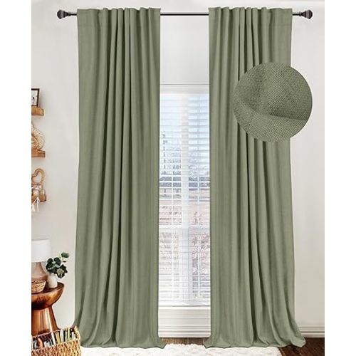 100% Blackout Shield Linen Blackout Curtains for Bedroom 84 Inches Long, Back Tab/Rod Pocket Living Room Drapes, Thermal Insulated Blackout Curtains 2 Panels Set, 50" W x 84" L, Light Sage