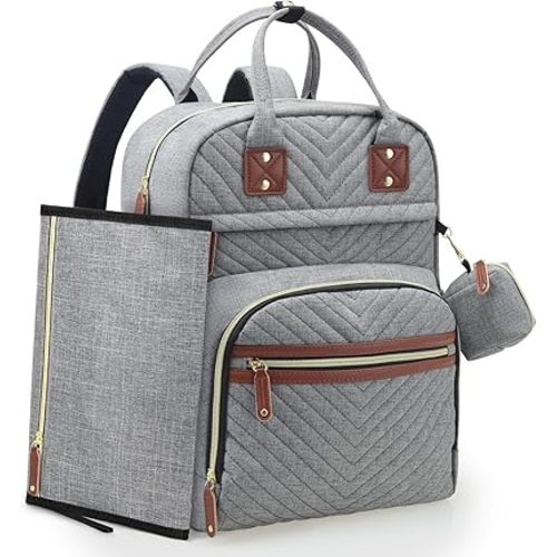 Tuwubi Diaper Bag Backpack with Changing Pad,Baby Essentials, Multi function Waterproof Backpack with Stroller Straps & Pacifier Case Light Grey