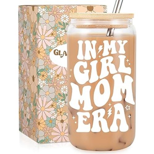 Fairy's Gift New Mom Gifts, Girl Mom Era Iced Coffee Cup, Cute 16 oz Coffee Glass Cups with Lids Straws, Girl Mama Gifts, Mama Mothers Day, Birthday Presents for Mommy, Expecting Mommy, Mother to be