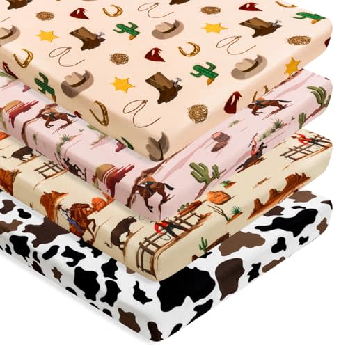 4 Pack Western Cowboy Crib Sheets Neutral Breathable Fitted Baby Sheets Nursery Sheets for Baby Boys or Girls (Pack N Play Sheet)
