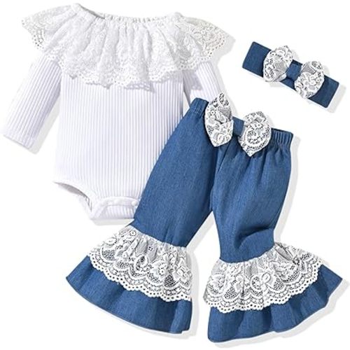 HINTINA Newborn Baby Girl Short Sleeve Bodysuit Flared Pants Ribbed Outfits