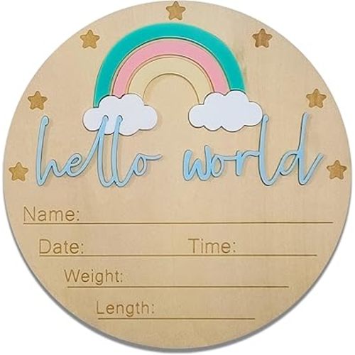 Baby Announcement Sign - 5.9” Round Wooden Hello World Newborn Sign with 3D Rainbow & Cloud - Keepsake Birth Gift for Baby Boy’s First Day, Hospital, Shower, or Nursery Décor (Blue)