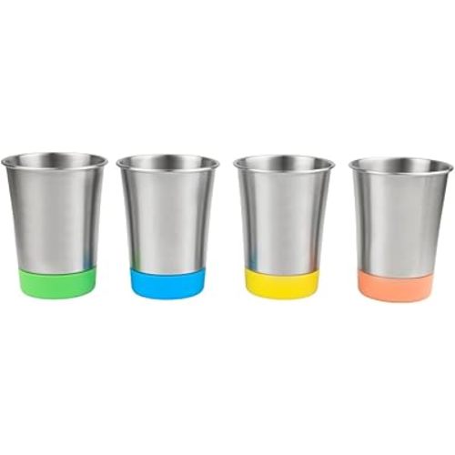 Elk and Friends Stainless Steel Kids + Toddler Drinking Cups | 12oz Tumblers with Colored Base | Durable + Stackable | Travel, Camping + Outdoors | Dishwasher Safe | 4 Pack