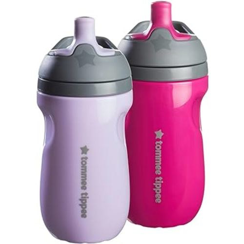 Tommee Tippee Insulated 9oz Sporty Spout Toddler Water Bottle, No Spill, Sippy Cups for Toddlers 1-3, Two-Piece Valve Helps Stop Spills, Lilac & Plum, BPA Free, Pack of 2