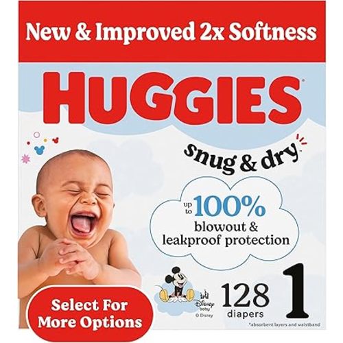 Huggies Size 1 Diapers, Snug & Dry Newborn Diapers, Size 1 (8-14 lbs), 128 Count, Packaging May Vary