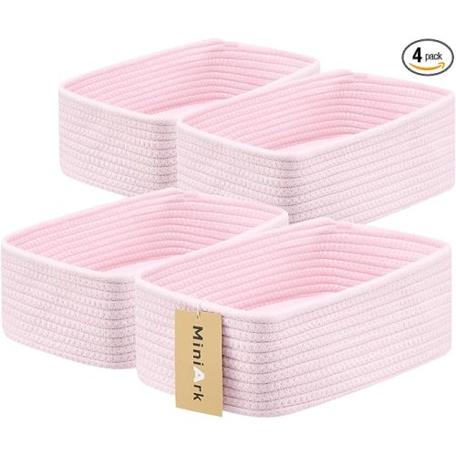 MiniArk Small Storage Baskets for Organizing | Closet Organizer Bins | Shelf Toy Basket | Woven Rope Baskets | Cube Decorative Box | Shallow Basket | 11.5x7.5x4.7” | 4 Packs Light Pink