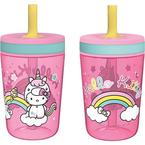 Zak Designs Hello Kitty Kelso Lot de 2 gobelets avec couvercle à visser étanche et paille, sans BPA, fabriqués en plastique durable et silicone, parfaits pour les enfants (444 ml)