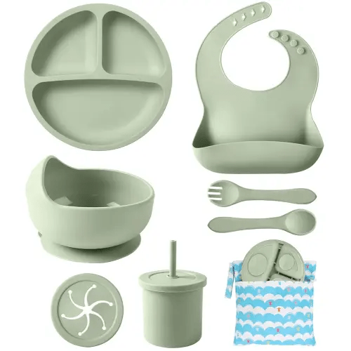 Silicone Baby Feeding Set, 10 Pcs Baby Led Weaning Supplies with Suction Bowl Divided Plate Adjustable Bib Soft Spoon Fork Snack Cup with Lid Drinking Cup, Utensil (Dark Green)