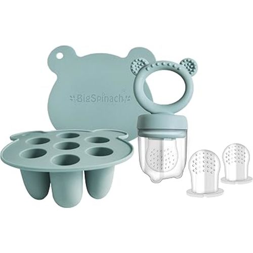 Silicone Baby Food Freezer Tray with Teething Popsicle Molds - Baby Fruit Feeder and Breastmilk Teether Combo