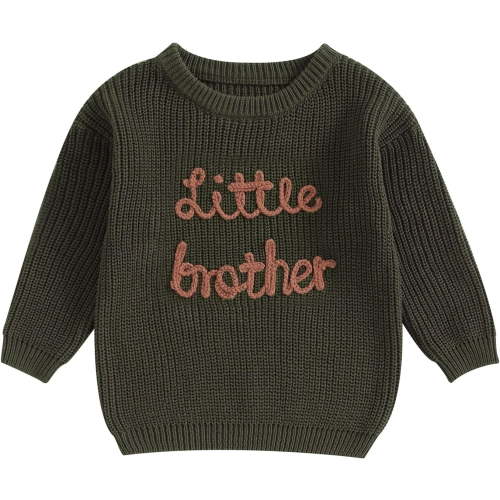 Drtj Little Brother Matching Outfits Letter Embroidery Knit Sweater Shirt Baby Boy Winter Warm Clothes, Army green, 3-6M