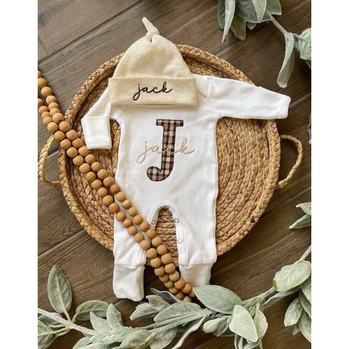 Personalized neutral baby boy sleeper with footies, custom infant boy coming home outfit and hat set, western plaid newborn baby romper