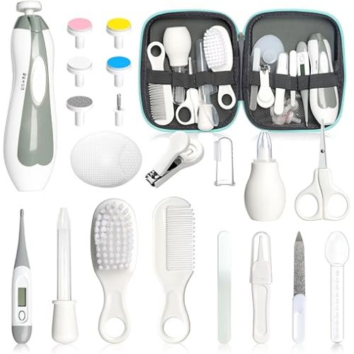 Baby Healthcare and Grooming Kit, 21pcs Baby Electric Nail Trimmer Set Newborn Nursery Health Care Set for Newborn Infant Toddlers Baby Boys Girls Kids Haircut Tools (21 Kits Grey White)