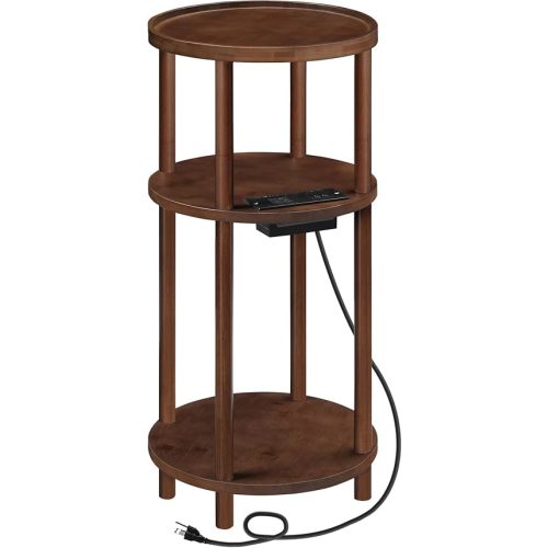 HOOBRO Small Round Side Table with Charging Station, 3-Tier Round Bamboo End Table, Compact Sofa Bedside Table for Small Space, Easy Assembly, for Living Room, Bedroom, Apartment, Mocha MA152UBZ01