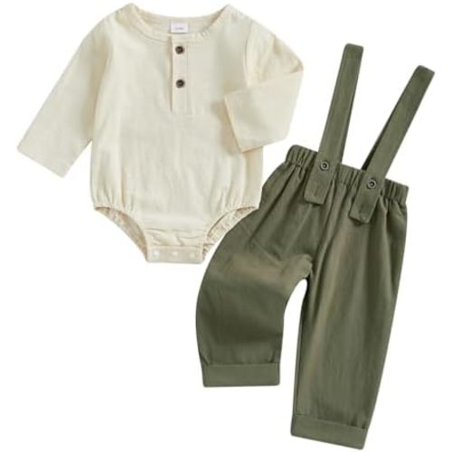 Fall Outfit Infant Baby Boy Gentleman Long Sleeve Linen Romper Shirt Suspender Pants Overall 2Pcs Suit Clothes Set