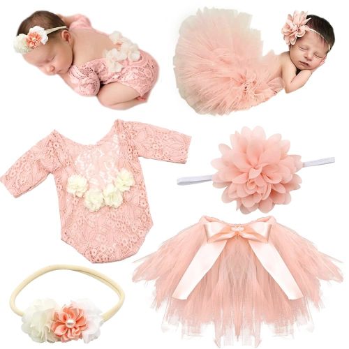 SPOKKI 4 PCS Newborn Photography Props Outfits-BabyTutu Skirt Cute Bow Headdress and Lace Rompers Flower Headband Sets for Infants Girl Boy
