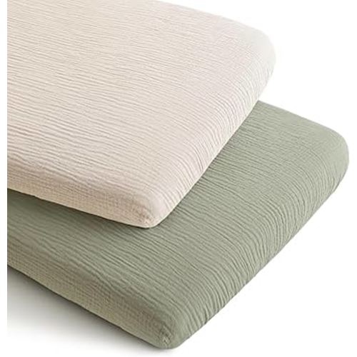 Konssy 2 Pack Muslin Bassinet Sheets for Boys, Girls, 100% Cotton Soft Breathable Fitted Bassinet Mattress Sheet, 33 x 21 inches (Fog Green,Cream)