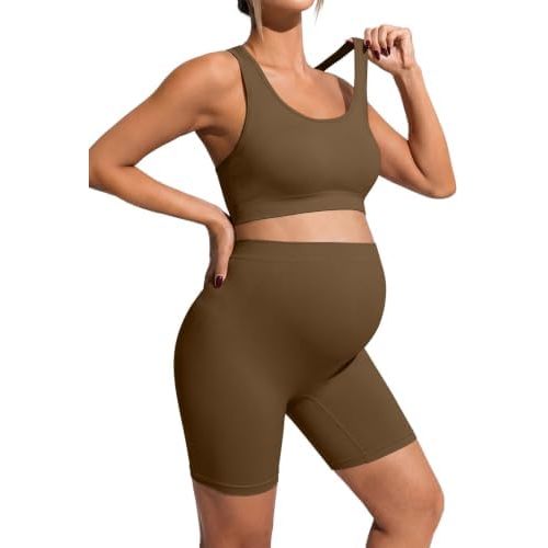 BLENCOT Maternity Workout Sets Pregnancy Yoga Ribbed Tank Tops with Bra