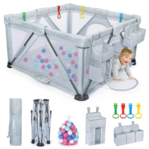 OCATO Baby Playpen: Foldable Playpen for Babies and Toddlers Large Play Pen Portable Playpen Fence Indoor Outdoor Kids Safety Area Travel Play Yard with 2 Storage Bags 4 Handlers 50 Balls (50" × 50")