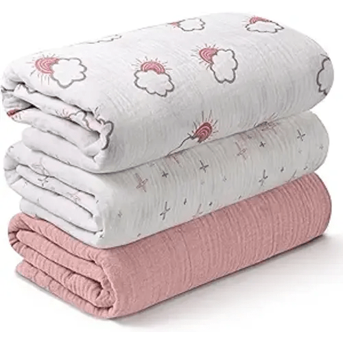 Muslin Swaddle Blankets for Newborn, 3 Pack Breathable Soft Receiving Blanket, Large 38 x 40 inches Swaddle Wrap Burping Clothes Diapers, Essentials Infant Shower Items, Toddler Gift (Clouds & Stars)