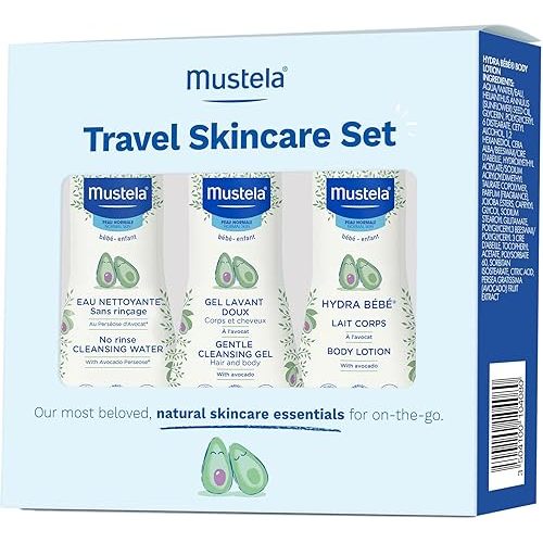 Mustela Travel Skinscare Set - Baby Skin Care & Bath Time Set - TSA-Approved - Natural & Plant-Based - Natural Avocado - 3 Items Set - Refillable & Reusable 1.69 Fl. Oz. Bottles