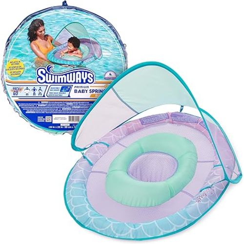SwimWays Baby Spring Float with Adjustable Canopy and UPF Sun Protection, Blue Lobster