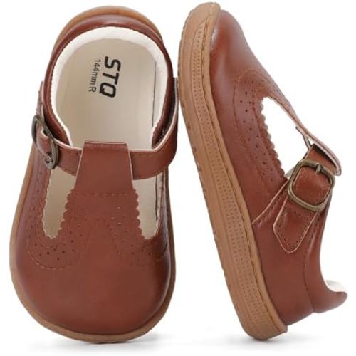 STQ Wide Toe Box Toddler Mary Jane Dress Shoes Zero Drop Girls Ballet Flats for Party School Uniform with Hook and Loops